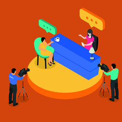 Fototapeta premium TV talk show production isometric 3d vector illustration for banner, website, illustration, landing page, template, etc
