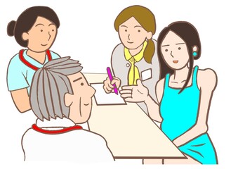 退院支援カンファレンス　パーソナリティ障害の女性と精神科医と看護師と精神保健福祉士のイラスト