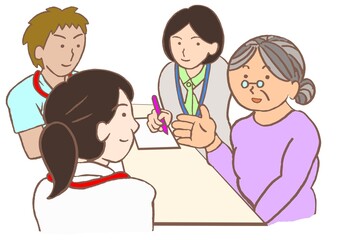 カンファレンス　認知症の女性と精神科医と看護師と精神保健福祉士のイラスト