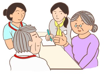 カンファレンス　認知症の女性と精神科医と看護師と精神保健福祉士のイラスト