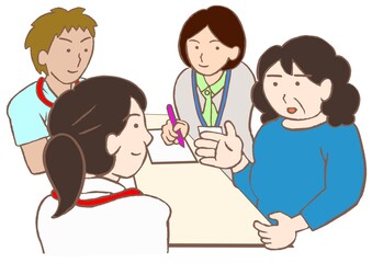 退院支援カンファレンス　統合失調症の女性と精神科医と看護師と精神保健福祉士のイラスト