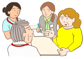 退院支援カンファレンス　双極性障害の女性と精神科医と看護師と精神保健福祉士のイラスト