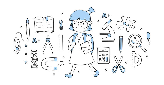 Back to school doodle concept. Student girl with backpack and textbook in hand walking to class with educational icons around. Little pupil ready for studying and learning Line art vector illustration