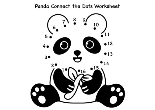 Dot to dot worksheet for kids. Black and white panda character illustration.
