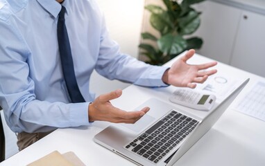 VDO Call Conference Man work from home. talk chat online on video call on laptop webcam conference  Asian businessman working online E learning and social distancing.