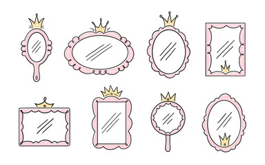 Princess crown mirror frame. Hand drawn doodle mirror with crown for baby princess decorate border. Vector illustration. © Polina Tomtosova