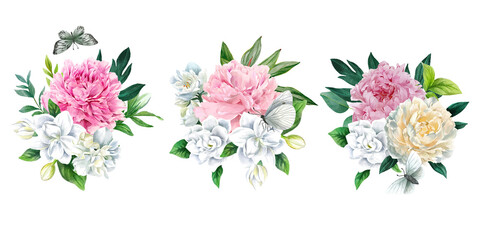Three lush peonies bouquets, hand drawn vector