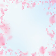 Fototapeta na wymiar Sakura petals falling down. Romantic pink flowers frame. Flying petals on blue sky square background. Love, romance concept. Nice wedding invitation.