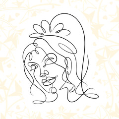 International Women's Day minimal design line drawing style. Portrait of young woman beauty face isolated on pastel leaf background. Vector for Spa, fashion, hairdressing and beautiful artwork design.