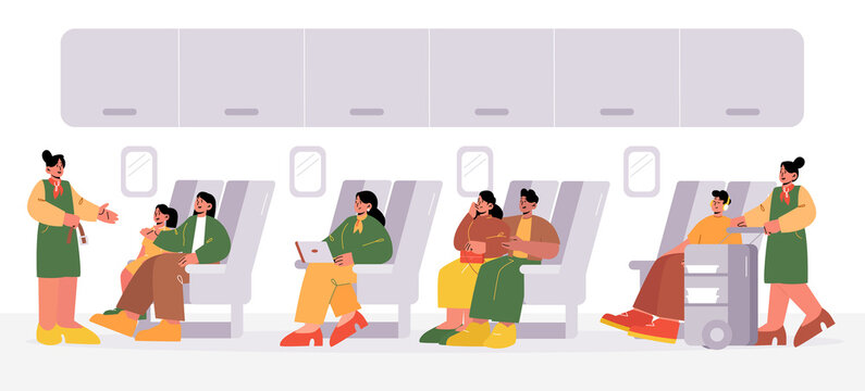 Airplane cabin with passengers on seats and stewardesses in aisle. Vector flat illustration of plane salon interior with people sitting in chairs, air hostess serving food and woman show safety belt