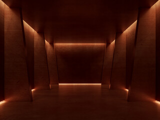 Empty red loft room interior 3d render there are polished concrete floor and wall decorate with hidden warm light