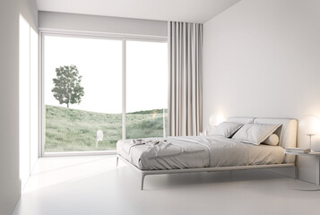 Minimal style white bedroom with meadow view 3d render There are large window overlooks to nature view.