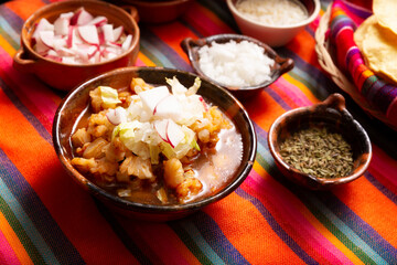 Pozole Rojo. Traditional mexican stew very popular in mexico and neighboring countries. Made from cacahuazintle with meat and various other ingredients depending on the region.