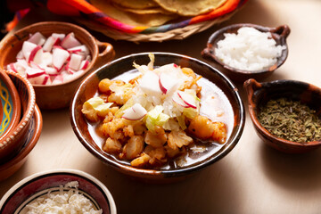 Pozole Rojo. Traditional mexican stew very popular in mexico and neighboring countries. Made from cacahuazintle with meat and various other ingredients depending on the region.
