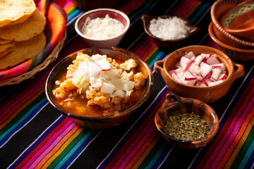 Pozole Rojo. Traditional mexican stew very popular in mexico and neighboring countries. Made from cacahuazintle with meat and various other ingredients depending on the region.