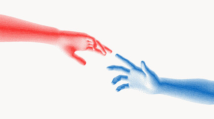 Hands reaching towards each other. Concept of human relation, togetherness or  partnership. 3D vector illustration. Design for banner, flyer, poster, cover or brochure.