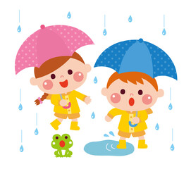 雨の日に水溜りで遊ぶ子どもたち