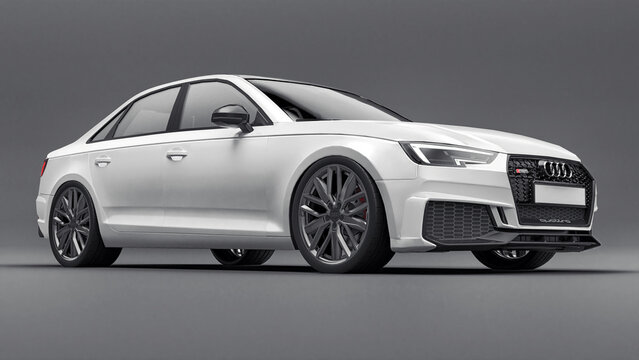 Paris, France. June 9, 2021: White Audi RS4 Quattro 2018 luxury stylish car isolated on gray background. 3d rendering.