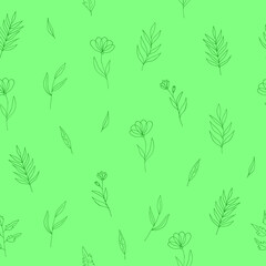 flowers seamless pattern hand drawn doodle. vector, minimalism, scandinavian, monochrome, trendy colors 2022. simple abstract plants. wallpaper, wrapping paper, textiles, background.