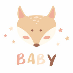 Childish hand drawn illustration with cute fox and stars. In children's boho style. Postcard for the birth of a baby.
