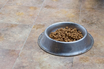 Dry dog food in a stainless steel bowl. Animal feed or pet equipment