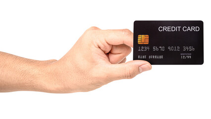 Woman hand holds black credit card isolated on white background.