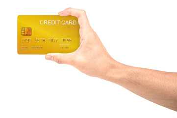 Woman hand holds gold credit card isolated on white background.
