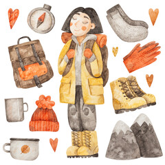 Watercolor autumn set of girl in yellow coat, hearts and items for hiking. Hand-drawn elements for decoration on whate background
