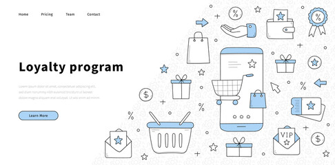 Loyalty program banner with doodle gift boxes, mobile phone, shopping cart, discount card and stars. Vector landing page of customer reward, exclusive benefit and bonus for vip members