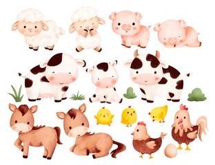Watercolor Illustration set of Farm Animals 