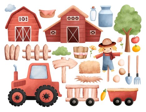 Watercolor Illustration set of Farm Elements 