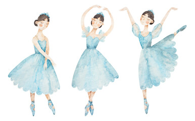 Illustration of three ballerinas in blue dresses. Watercolor hand-drawn picture of three dancing girls
