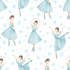 Seamless pattern with ballerinas in blue dresses and snowflakes. Watercolor hand-drawn texture with dancing girls
