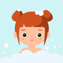 Funny girl in soap suds. Cartoon design.
