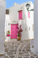 Traditional Cycladitic alley with narrow street, whitewashed houses and a blooming bougainvillea in...