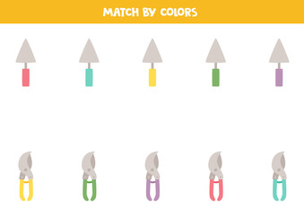 Color matching game for preschool kids. Match gardening tools by colors.
