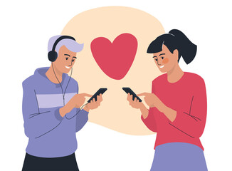 People with phone. A woman is typing a message on the phone. The guy listens to music on a smartphone. Vector image.