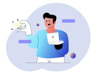 Vector illustration of a man holding a laptop and a light bulb