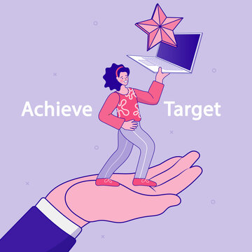 Star quality rating. Business goal to achieve target. Woman standing on a large hand, reaching out to pick up the star. EPS10 vector outline illustration