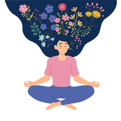 Woman meditating with mindfulness imagination in nature and leaves. Concept illustration for yoga, meditation, relax, recreation, healthy lifestyle. Vector illustration in flat cartoon style.