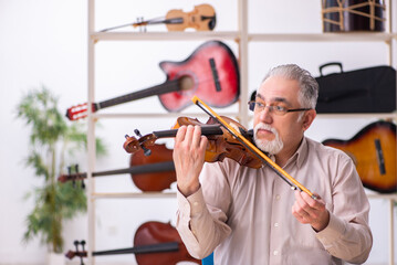 Old male repairman repairing musical instruments at workplace