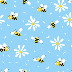Daisy and bee seamless pattern. Flowers, petals and cartoon bees on a blue background. Vector. 