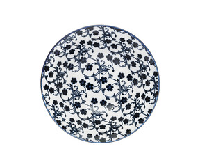 Plate on a white isolated background. View from above. Small flat round plate.