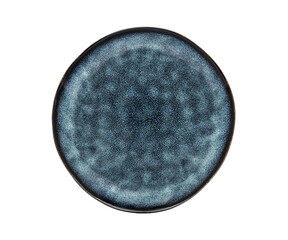 Plate on a white isolated background. View from above. Small flat round plate.