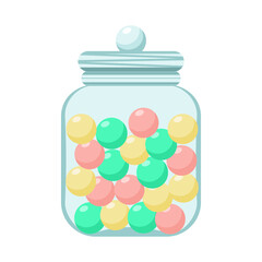 Round candy sweets in pot, colorful vector illustration