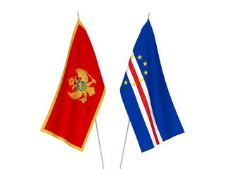 National fabric flags of Montenegro and Republic of Cabo Verde isolated on white background. 3d rendering illustration.