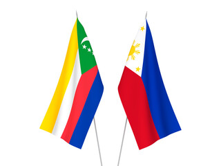 National fabric flags of Philippines and Union of the Comoros isolated on white background. 3d rendering illustration.