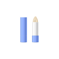 Lip balm or hygienic lipstick in blue container, vector illustration isolated.
