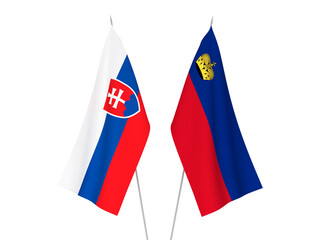 National fabric flags of Liechtenstein and Slovakia isolated on white background. 3d rendering illustration.