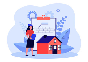 Expertise and inspection of real estate project by engineer. Tiny woman standing with house and document flat vector illustration. Paperwork concept for banner, website design or landing web page